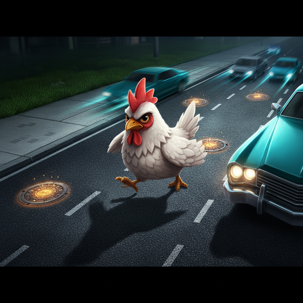 Chicken Road 2.0 anteprima del gioco crash con la strada scura, il pollo bianco con cresta rossa e le auto in movimento sulle corsie