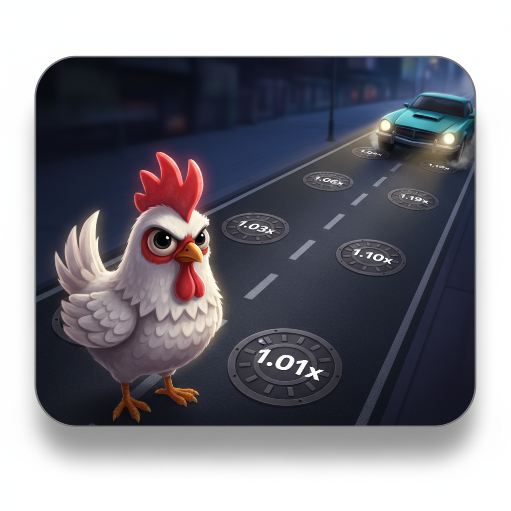 Vista della strada di Chicken Road 2.0 con le corsie, i tombini che mostrano i moltiplicatori progressivi e l'auto in avvicinamento da destra