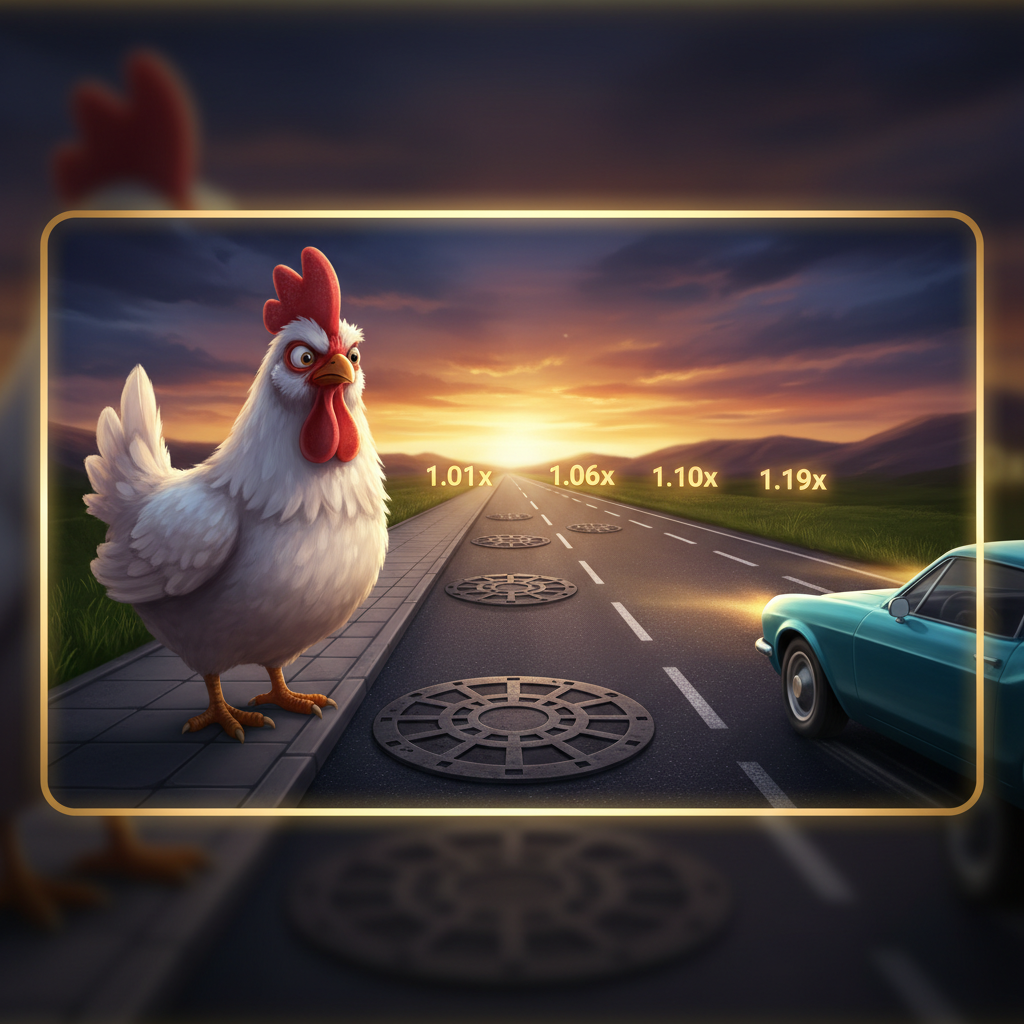 Chicken Road 2.0 schermata principale del gioco crash con il pollo che attraversa la strada a piu corsie e i moltiplicatori progressivi visibili sui tombini