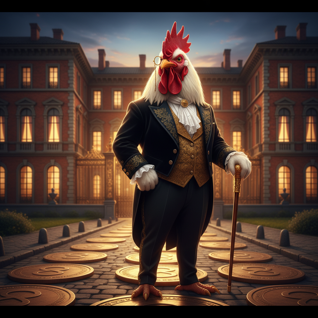 Chicken Road Gold schermata con il pollo in abito formale nero con bastone e monocolo davanti a un palazzo di mattoni rossi con monete bronzo dorate sulla strada