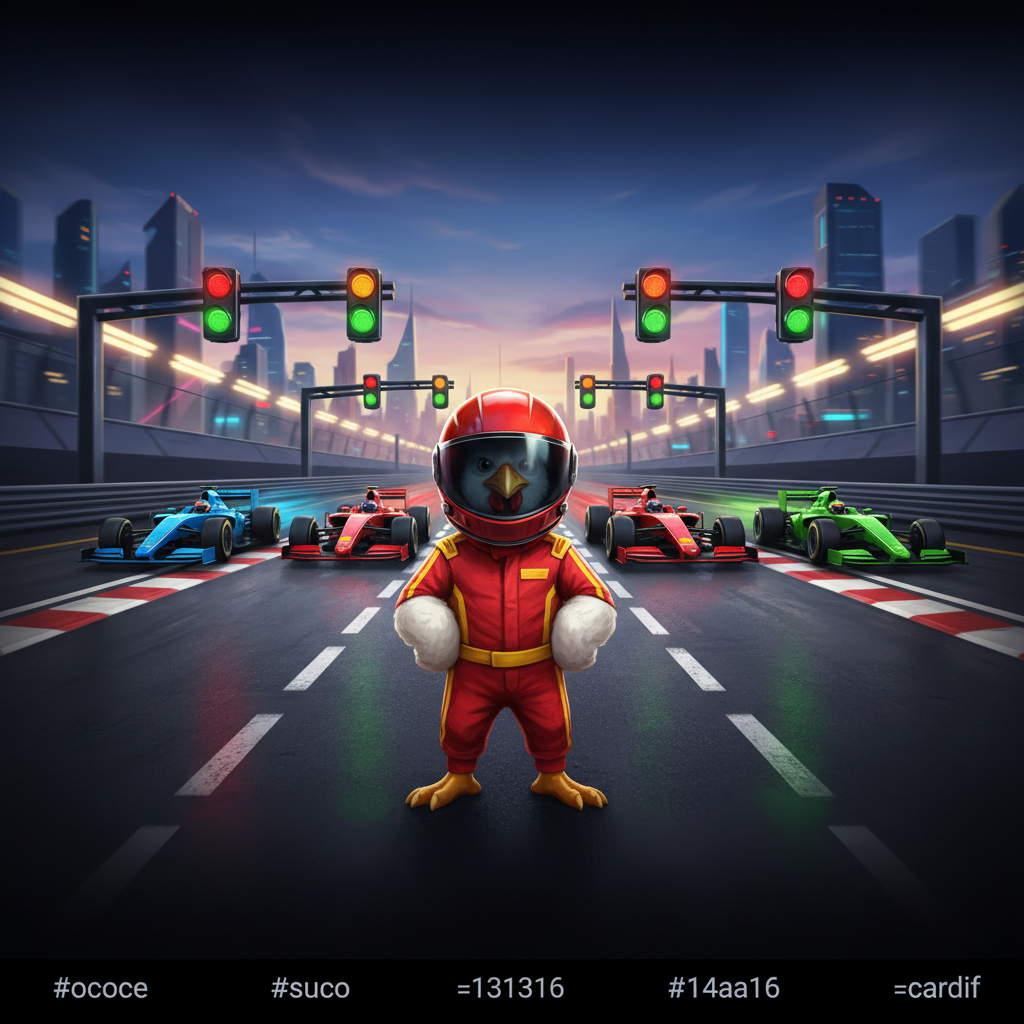 Chicken Road Race schermata con il pollo con casco da pilota rosso su una pista da corsa con auto Formula 1 in blu rosso e verde e semafori per corsia
