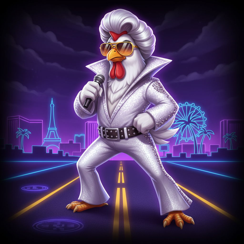 Chicken Road Vegas schermata di gioco con il pollo vestito da Elvis con occhiali dorati su uno sfondo neon viola ispirato a Las Vegas