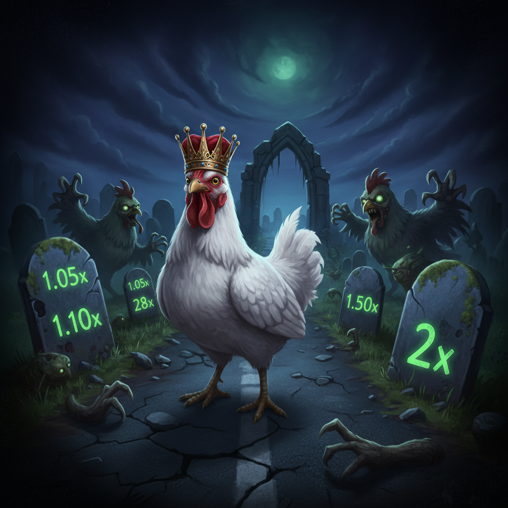 Chicken Zombies schermata con il pollo con corona dorata in un cimitero notturno con zombie verdi e lapidi grigio-blu che mostrano i moltiplicatori